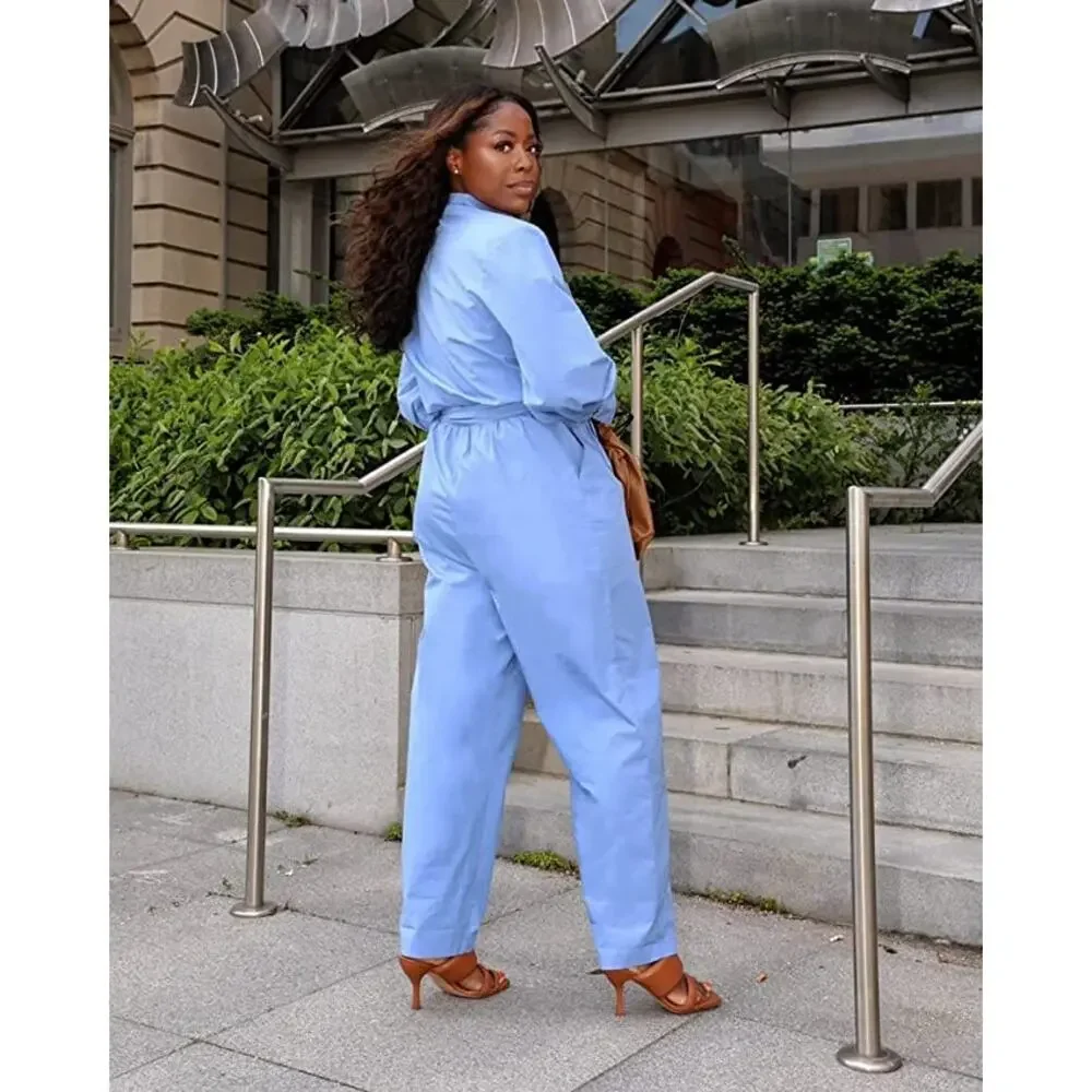 The Drop Womens Small Cornflower Blue Long Sleeve Belted Jumpsuit @highlowluxxe